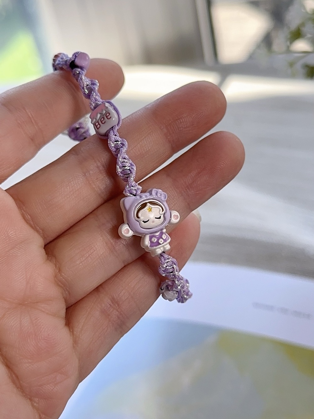 Purple Beaded Charm Bracelet - Cute Floral Charm with skullpanda doll